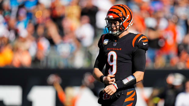 Cincinnati Bengals quarterback Joe Burrow (9) resets between plays in the first quarter during a Week 9 NFL game, Sunday, Nov. 6, 2022, at Paycor Stadium in Cincinnati. Mandatory Credit: Sam Greene-The Enquirer Nfl Carolina Panthers At Cincinnati Bengals